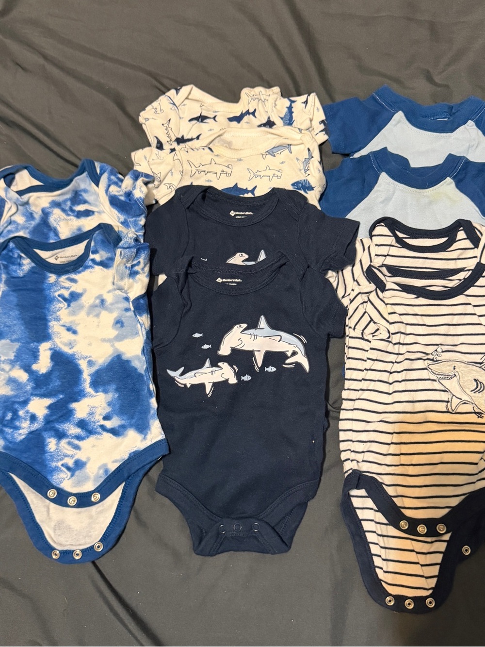 10 pack Carter's Navy, Blue & White Shark Print Baby One-Piece Bodysuits